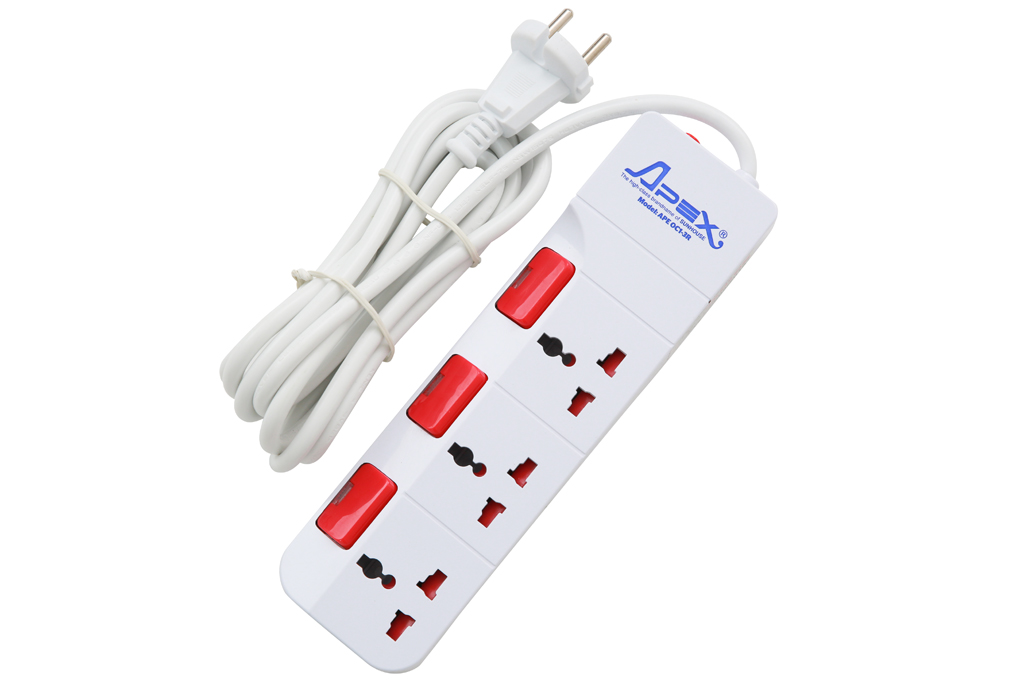 Ổ cắm điện 3 lỗ 2.5m Apex APE OC1-3R Màu Trắng - Đỏ