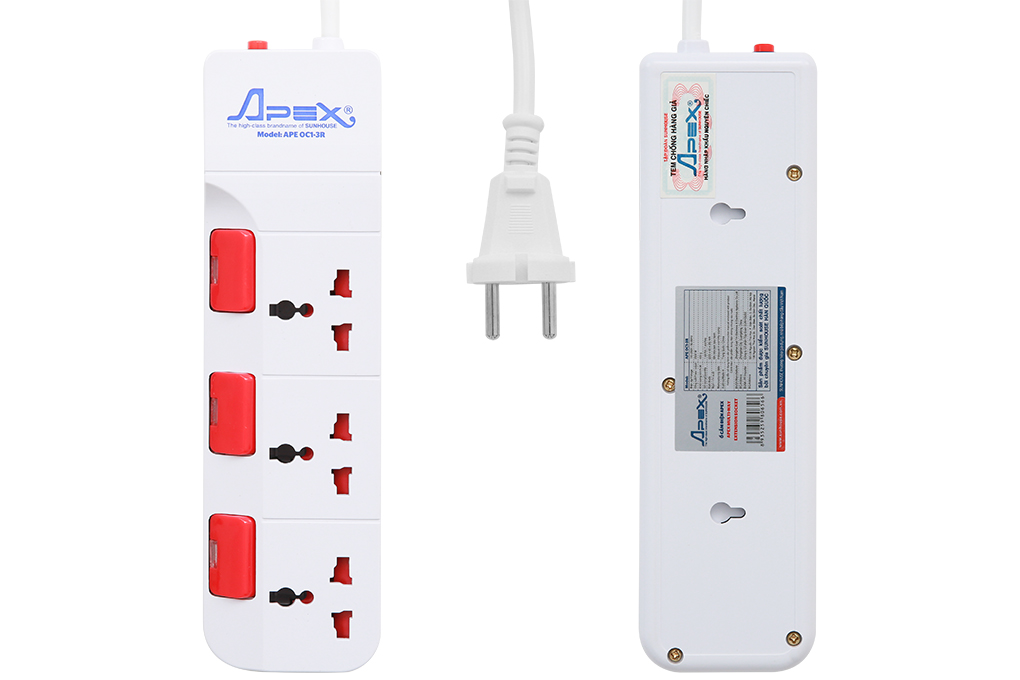 Ổ cắm điện 3 lỗ 2.5m Apex APE OC1-3R Màu Trắng - Đỏ