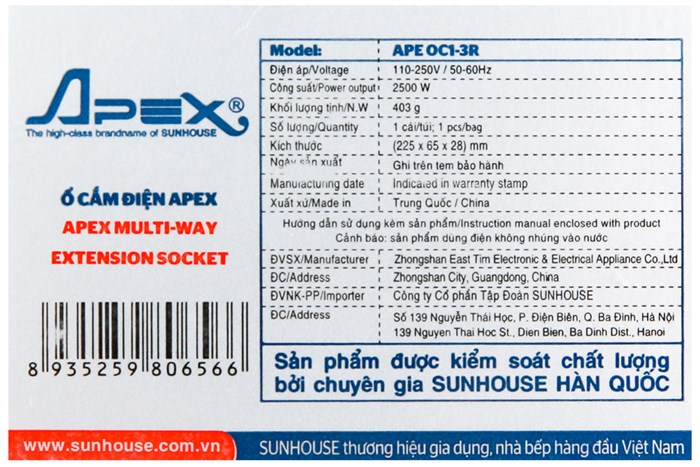 Ổ cắm điện 3 lỗ 2.5m Apex APE OC1-3R Màu Trắng - Đỏ