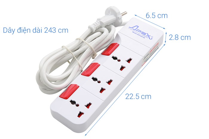 Ổ cắm điện 3 lỗ 2.5m Apex APE OC1-3R Màu Trắng - Đỏ