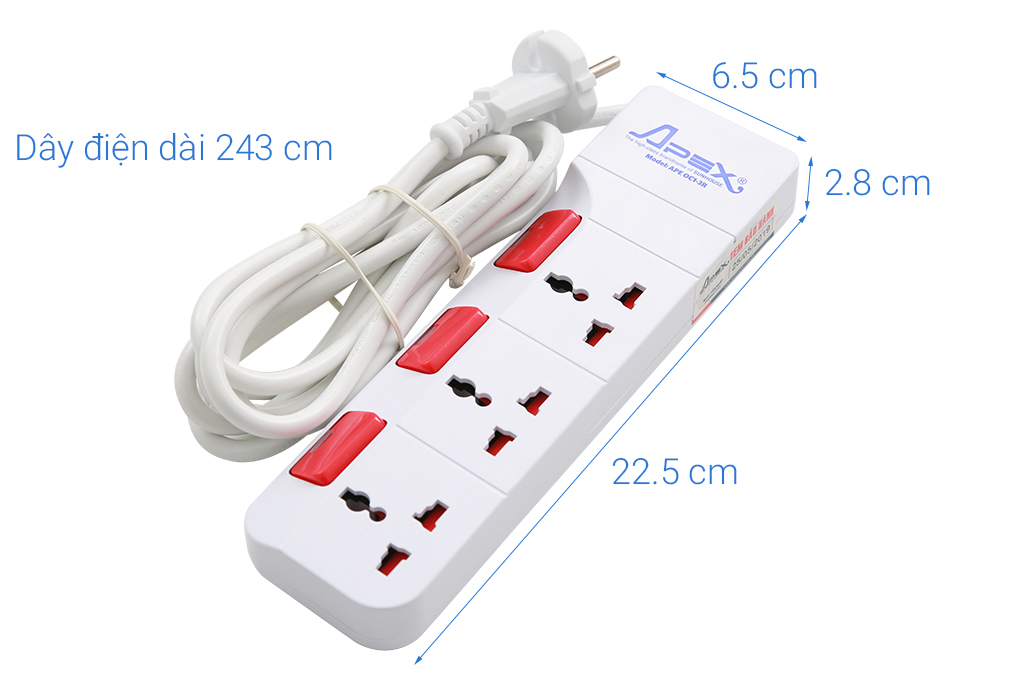 Ổ cắm điện 3 lỗ 2.5m Apex APE OC1-3R Màu Trắng - Đỏ
