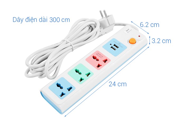 Ổ cắm điện Comet 3 lỗ 2 USB 3m CES5303 Màu Trắng