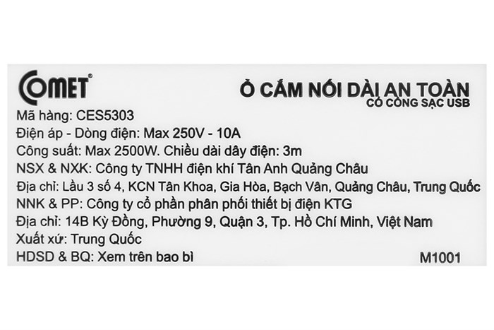Ổ cắm điện Comet 3 lỗ 2 USB 3m CES5303 Màu Trắng