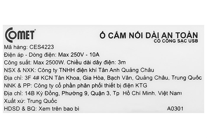 Ổ cắm điện Comet 4 lỗ 2 USB 3m CES4223 Màu Trắng