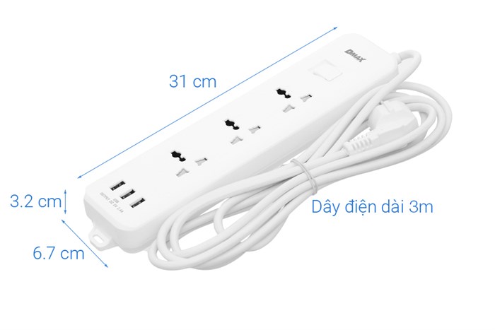 Ổ cắm điện DMAX 3 lỗ 3 USB 3m YH-U614 Màu Trắng
