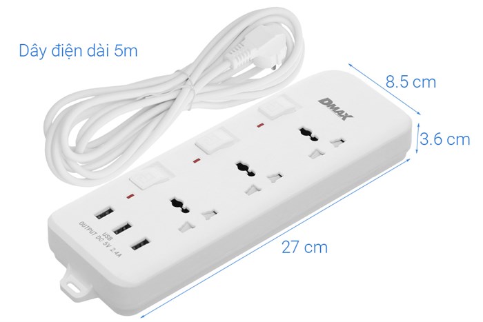 Ổ cắm điện DMAX 3 lỗ 3 USB 5m YH-U633 Màu Trắng