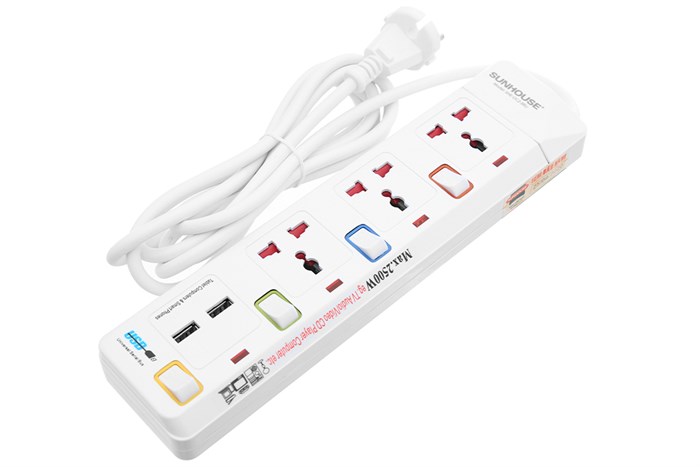 Ổ cắm điện Sunhouse 3 lỗ 2 USB 2.5m SHE-OC2-3RU