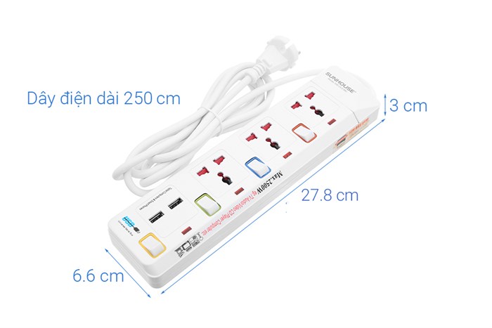 Ổ cắm điện Sunhouse 3 lỗ 2 USB 2.5m SHE-OC2-3RU Màu Trắng