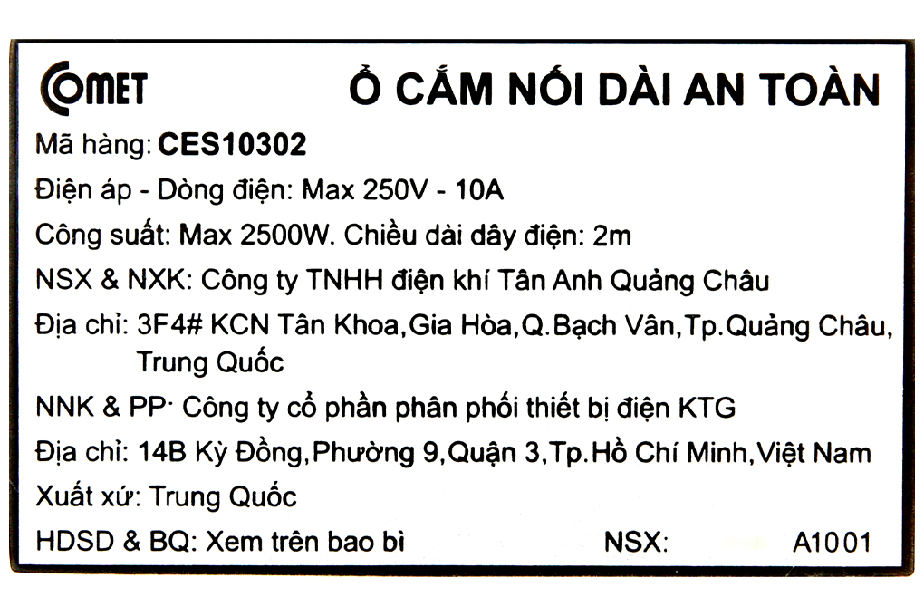 Ổ cắm điện 3 ổ cắm 3 chấu 2m Comet CES10302