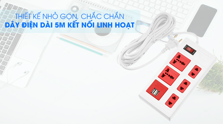 Thiết kế nhỏ gọn - Ổ cắm điện Điện Quang 5 lỗ 2 USB 5m ECO ĐQ ESK 5WR 5ECO 2A