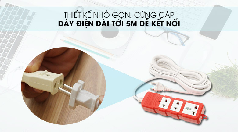 Thiết kế nhỏ gọn, cứng cáp - Ổ cắm điện Điện Quang 3 lỗ 5m ĐQ ESKHP 3RW