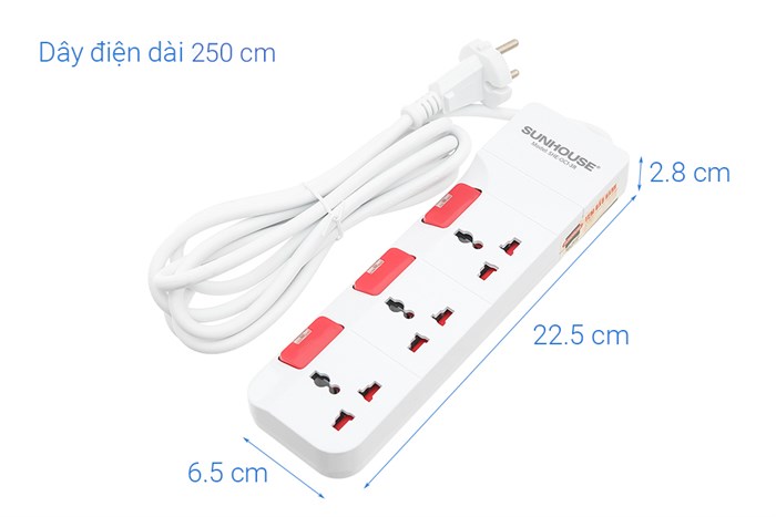 Ổ cắm điện Sunhouse 3 lỗ 2.5m SHE-OC1-3R Màu Trắng