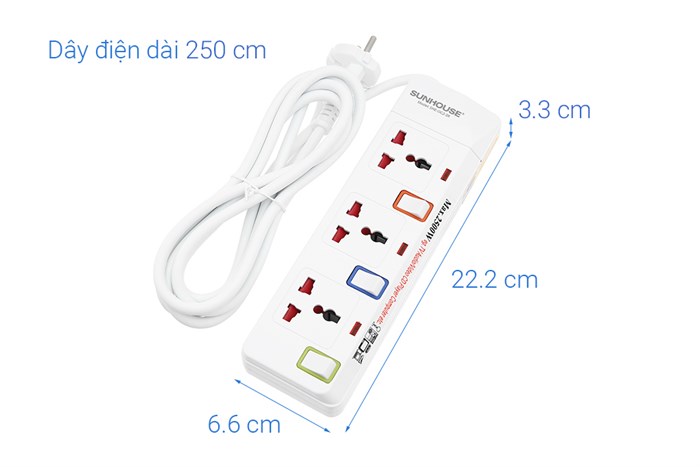 Ổ cắm điện Sunhouse 3 lỗ 2.5m SHE-OC2-3R Màu Trắng