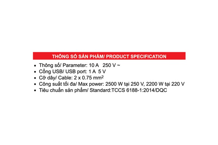 Ổ cắm Điện Quang 3 lỗ 2 USB 5m DBW103USB Màu Trắng