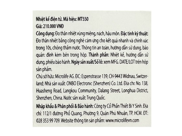 Nhiệt kế điện tử Microlife MT550 Màu Trắng