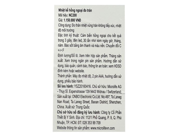 Nhiệt kế điện tử hồng ngoại Microlife NC200 Màu Trắng