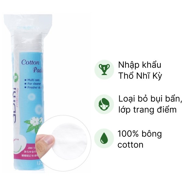 Bông tẩy trang Jomi mềm mịn không xơ bông dạng tròn gói 120 miếng