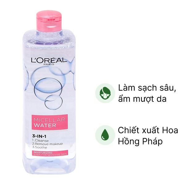 Nước tẩy trang L'Oréal Micellar 3 in 1 dưỡng ẩm cho da khô, da thường chai 400ml