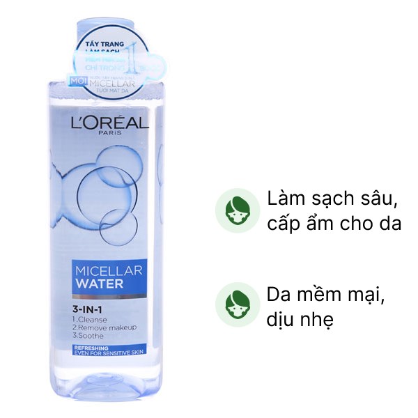 Nước tẩy trang L'Oréal Micellar 3 in 1 tươi mát cho da hỗn hợp, da dầu