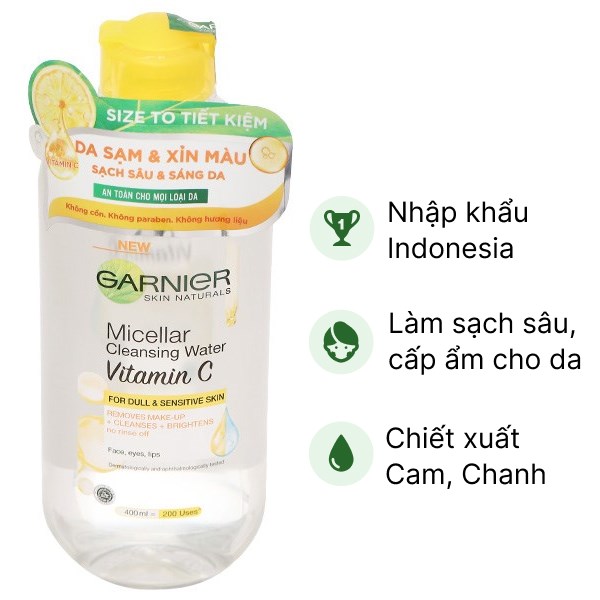 Nước tẩy trang Garnier Vitamin C giúp làm sạch, sáng da chai 400ml