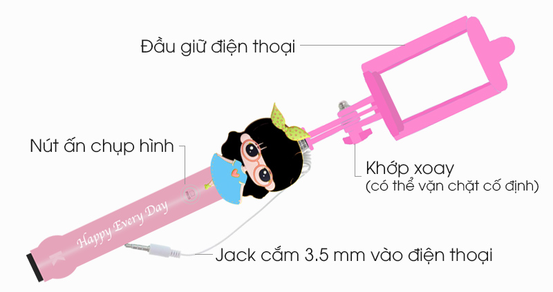 Gậy chụp ảnh Xmobile Hình Cô gái CSA005 - Các chi tiết trên thân gậy chụp ảnh