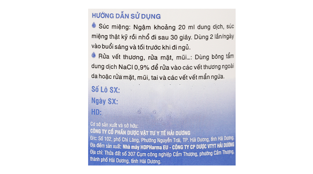 Nước muối Natri Clorid HDPharma 0.9% sát khuẩn, súc miệng