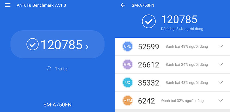 Điểm Antutu Benchmark điện thoại Samsung Galaxy A7 2018