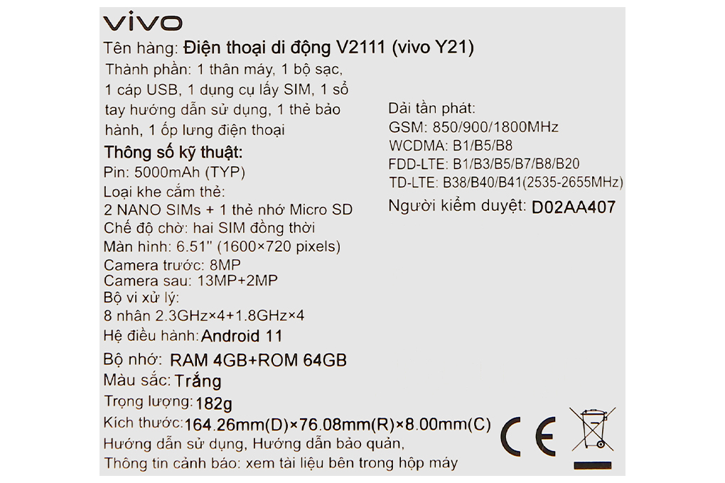 Điện thoại Vivo Y21 Màu Trắng
