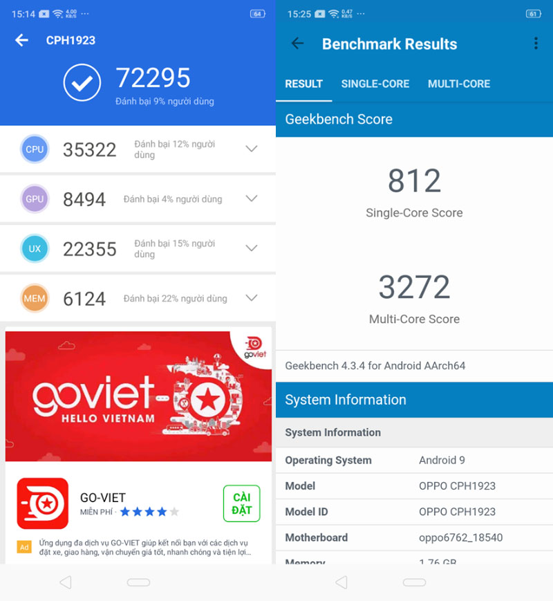 OPPO A1k - Điểm Antutu Benchmark