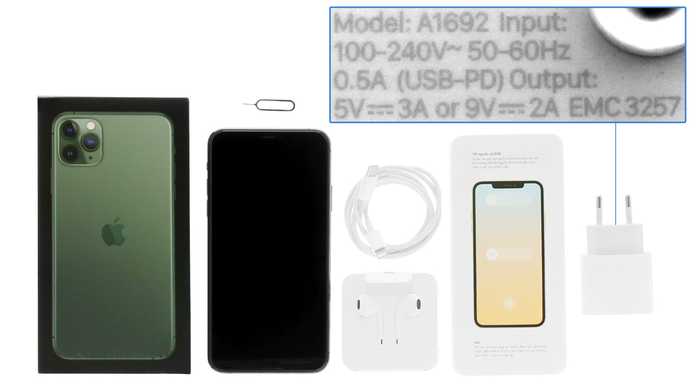 Bộ sản phẩm gồm: Hộp, Tai nghe, Sách hướng dẫn, Cáp, Cây lấy sim