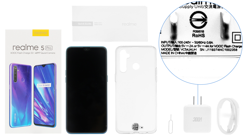 Bộ sản phẩm gồm: Hộp, Sách hướng dẫn, Cáp, Cây lấy sim, Ốp lưng