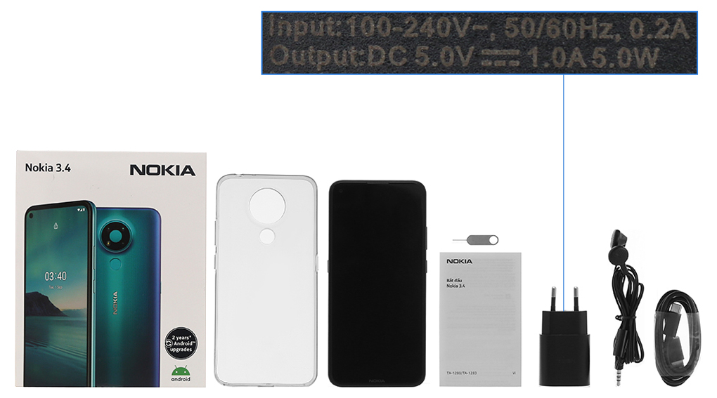 Bộ sản phẩm gồm: Hộp, Sách hướng dẫn, Cây lấy sim, Ốp lưng, Cáp Type C, Củ sạc rời đầu Type A, Tai nghe dây