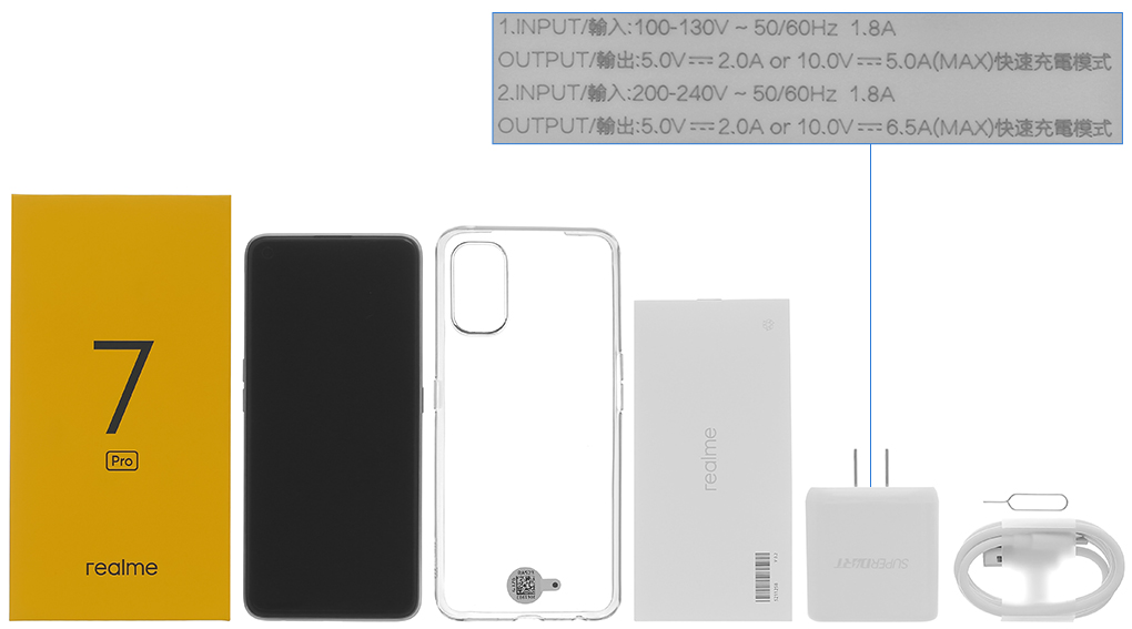 Bộ sản phẩm gồm: Hộp, Sách hướng dẫn, Cây lấy sim, Ốp lưng, Cáp Type C, Củ sạc nhanh rời đầu Type A