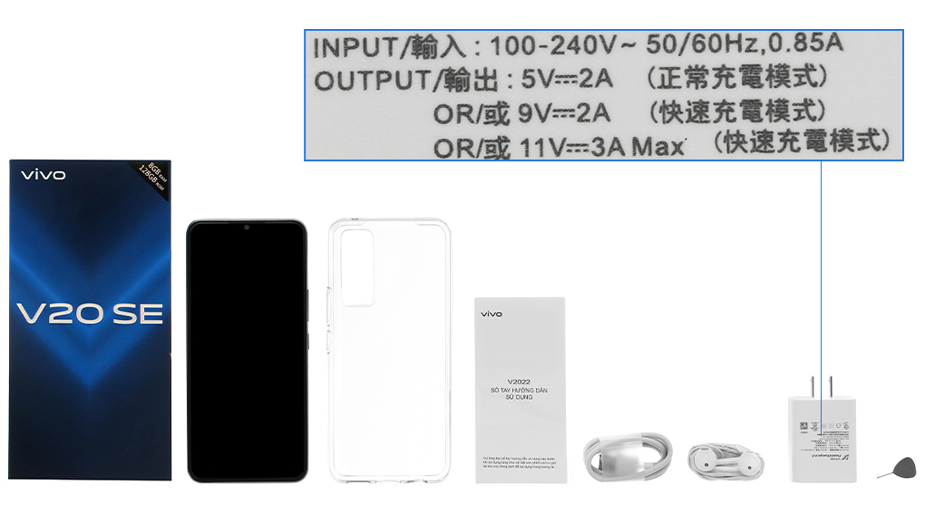 Bộ sản phẩm gồm: Hộp, Sách hướng dẫn, Cây lấy sim, Ốp lưng, Cáp Type C, Củ sạc nhanh rời đầu Type A, Tai nghe dây