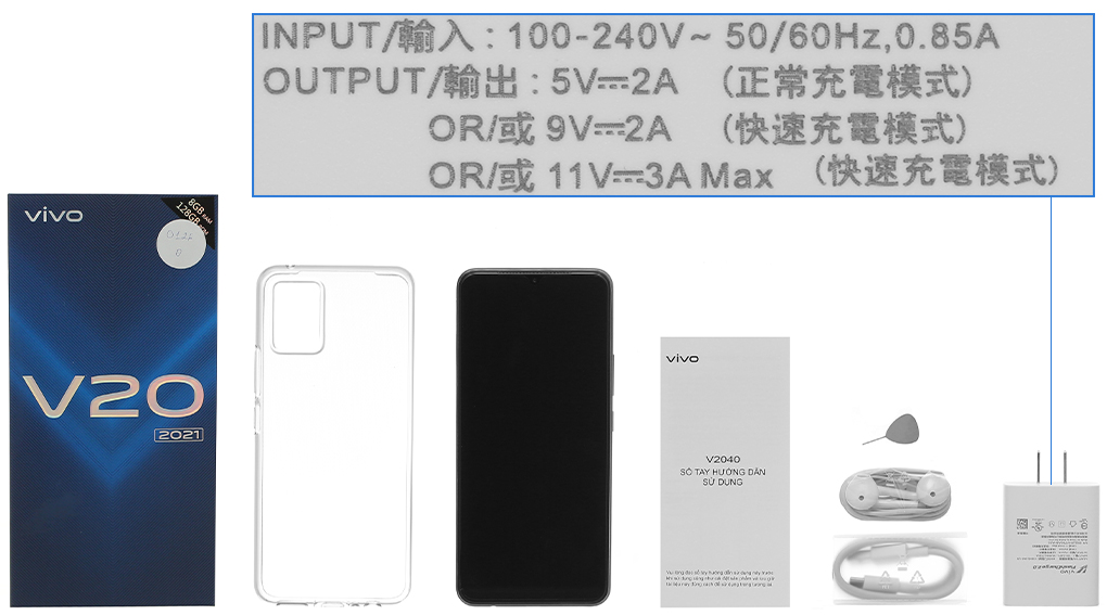 Bộ sản phẩm gồm: Hộp, Sách hướng dẫn, Cây lấy sim, Ốp lưng, Cáp Type C, Củ sạc nhanh rời đầu Type A, Tai nghe dây