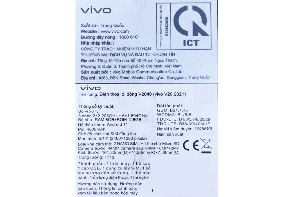 Điện thoại Vivo V20 (2021) Màu Đen