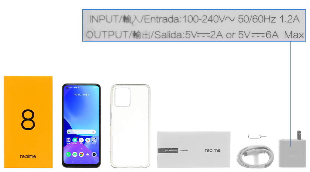 Bộ sản phẩm gồm: Hộp, Sách hướng dẫn, Cây lấy sim, Ốp lưng, Cáp Type C, Củ sạc nhanh rời đầu Type A