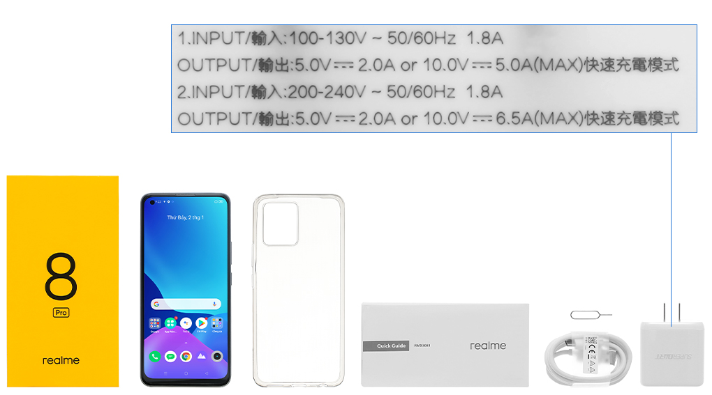 Bộ sản phẩm gồm: Hộp, Sách hướng dẫn, Cây lấy sim, Ốp lưng, Cáp Type C, Củ sạc nhanh rời đầu Type A