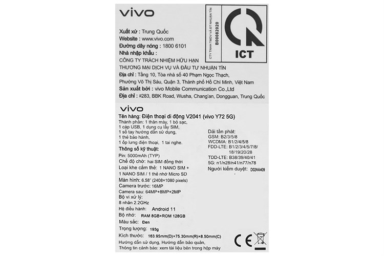 Điện thoại Vivo Y72 5G Màu Đen