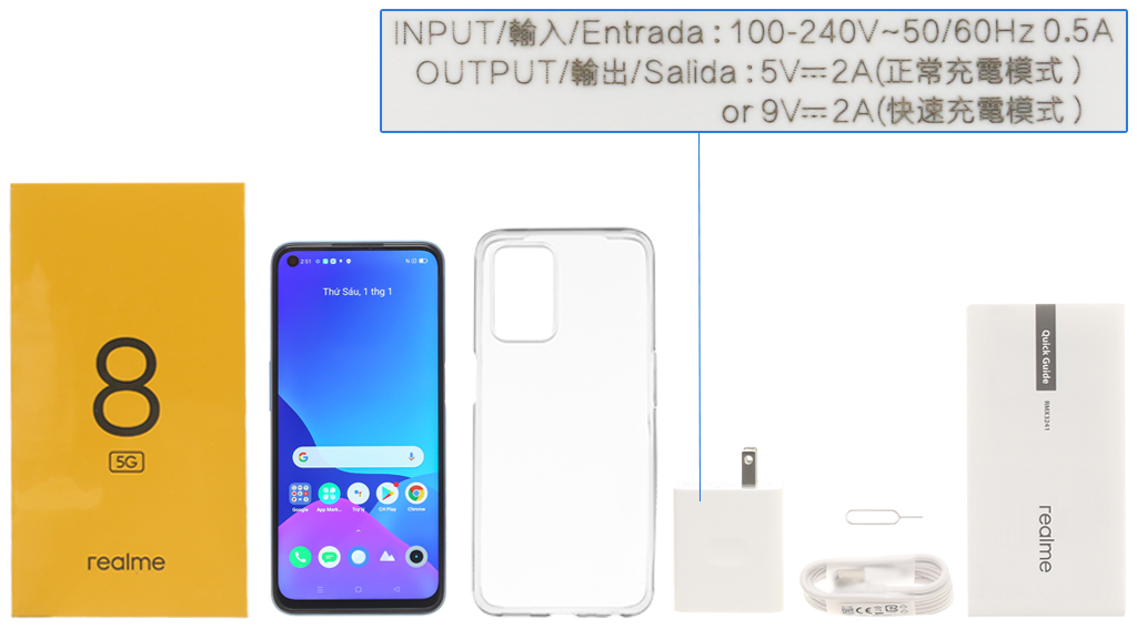 Bộ sản phẩm gồm: Hộp, Sách hướng dẫn, Cây lấy sim, Ốp lưng, Cáp Type C, Củ sạc nhanh rời đầu Type A