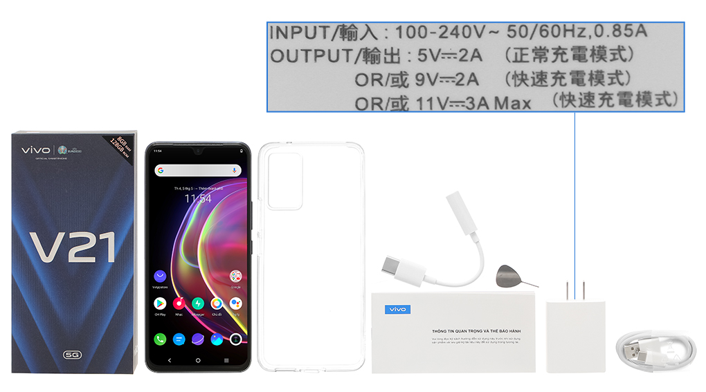 Bộ sản phẩm gồm: Hộp, Sách hướng dẫn, Jack chuyển tai nghe 3.5mm, Cây lấy sim, Ốp lưng, Cáp Type C, Củ sạc nhanh rời đầu Type A, Tai nghe dây