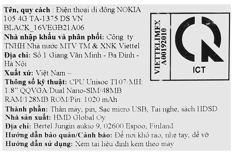 Điện thoại Nokia 105 Màu Đen
