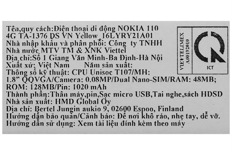 Điện thoại Nokia 110 4G Màu Vàng