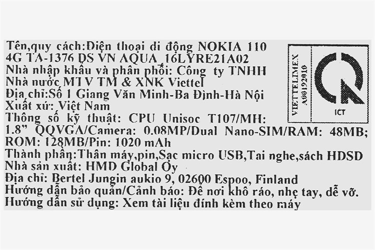 Điện thoại Nokia 110 4G Màu Xanh ngọc