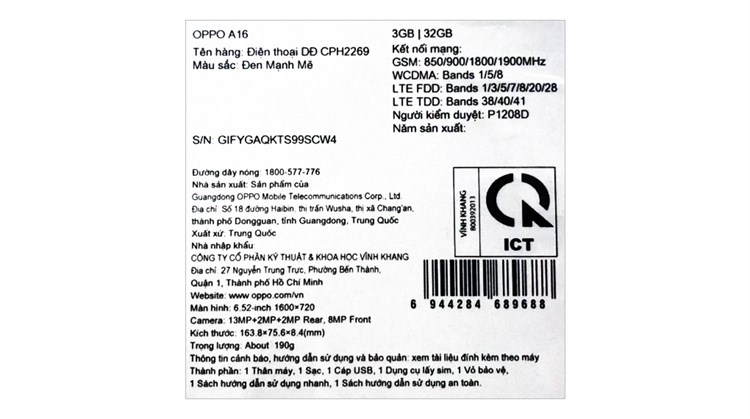 Điện thoại OPPO A16 Màu Đen