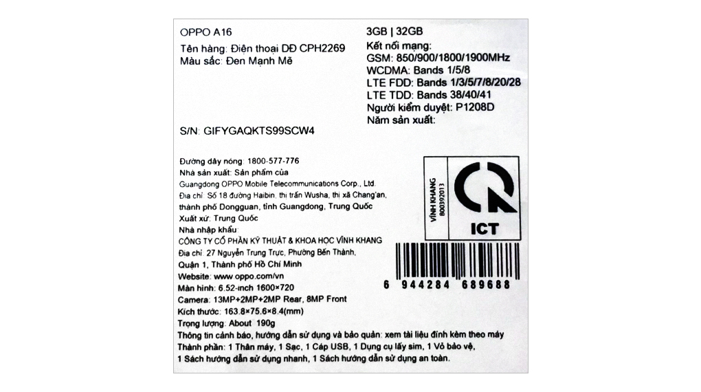 Điện thoại OPPO A16 Màu Đen