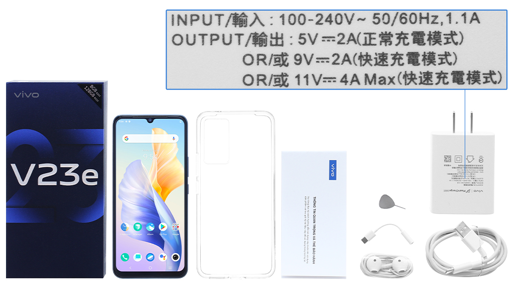 Bộ sản phẩm gồm: Hộp, Sách hướng dẫn, Jack chuyển tai nghe 3.5mm, Cây lấy sim, Ốp lưng, Cáp Type C, Củ sạc nhanh rời đầu Type A, Tai nghe dây