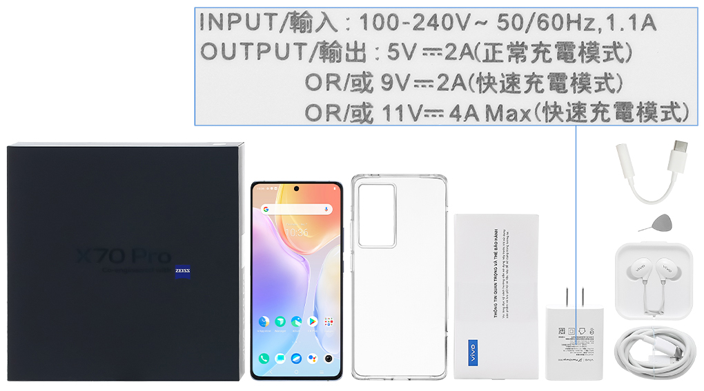 Bộ sản phẩm gồm: Hộp, Sách hướng dẫn, Jack chuyển tai nghe 3.5mm, Cây lấy sim, Ốp lưng, Cáp Type C, Củ sạc nhanh rời đầu Type A, Tai nghe dây