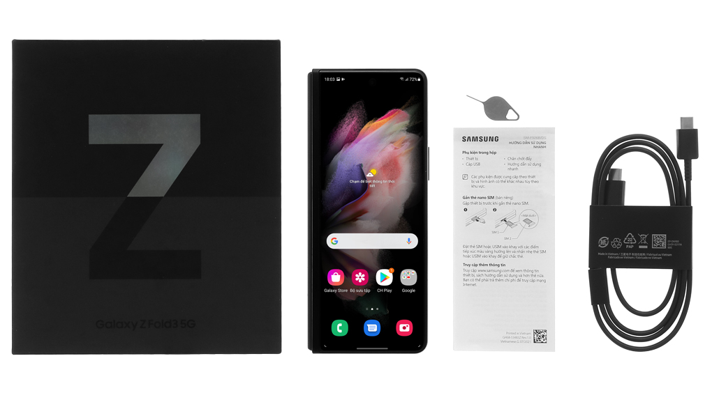 Bộ sản phẩm gồm: Hộp, Sách hướng dẫn, Cây lấy sim, Cáp Type C
