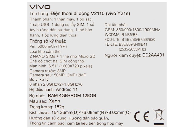 Điện thoại vivo Y21s 4GB Màu Xanh